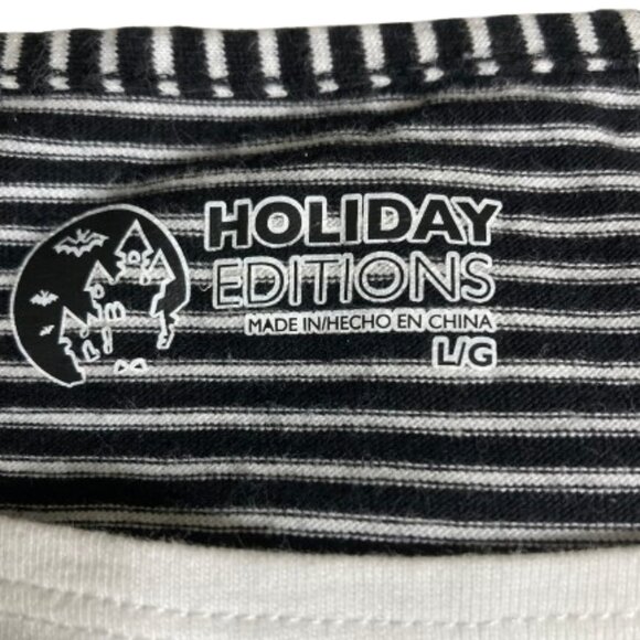 Halloween LS Tee Shirt Black and White Stripes Embroidered Flying Witch, Large - Picture 3 of 8